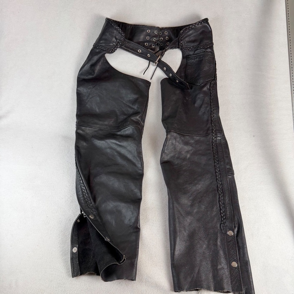 UNIK Black Leather Motorcycle Chaps Braided Trim Adjustable Waist Size L Mens